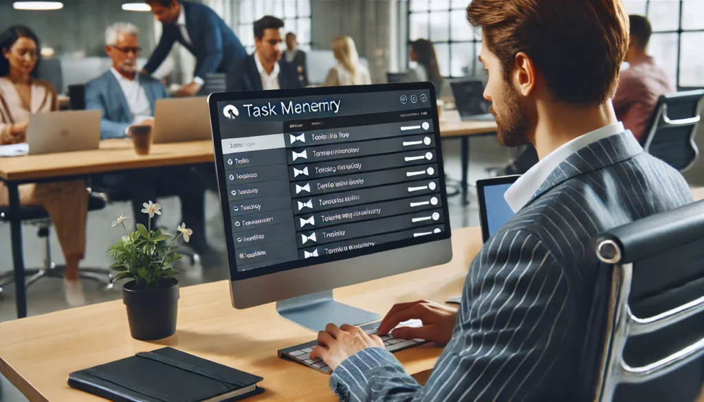 An employee in a modern office setting using a task management app on a computer to assist with working memory accommodations, improving productivity and organization