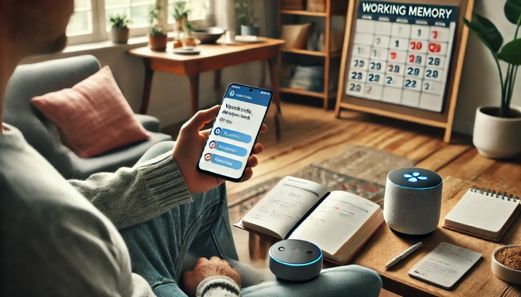 A person at home utilizing a digital assistant on their smartphone to set reminders and manage daily tasks as part of working memory accommodations