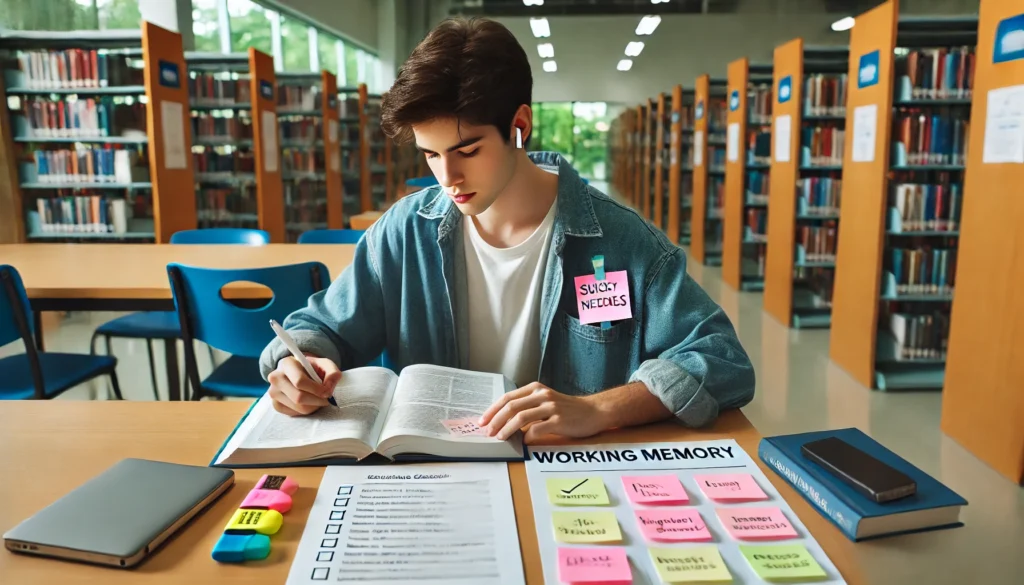 A student in a library using a printed checklist and sticky notes to implement working memory accommodations while studying, surrounded by books and study materials