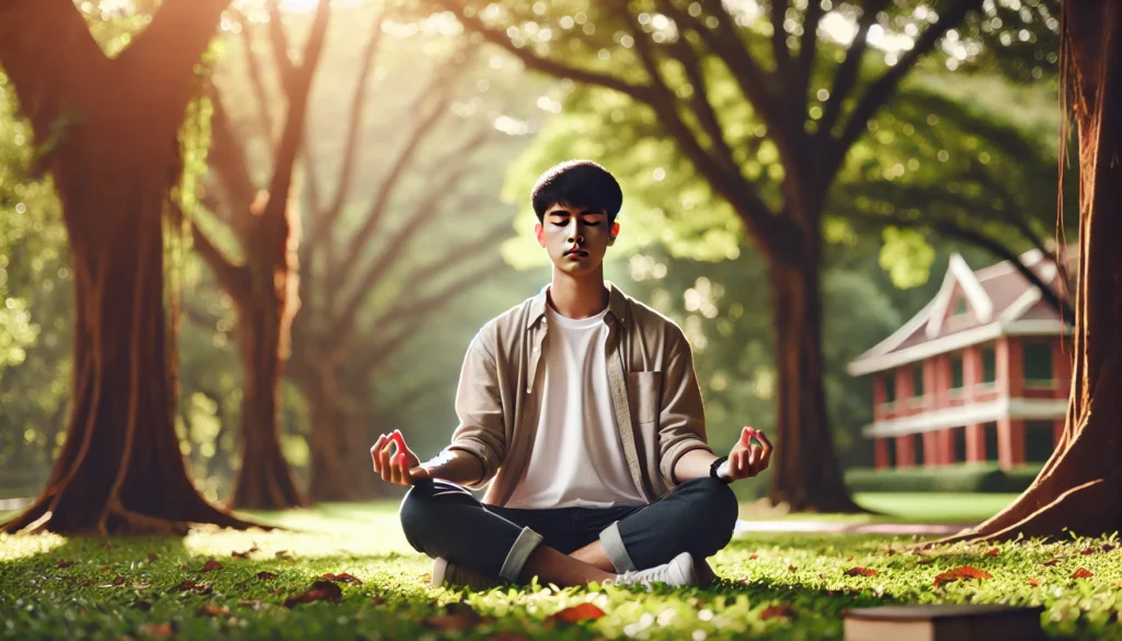 A college student practicing meditation in a peaceful park, sitting cross-legged with eyes closed. The scene is bathed in soft natural light, surrounded by trees and greenery.