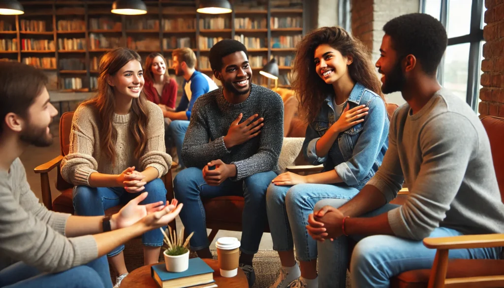 A group of diverse college students sitting together in a cozy lounge, engaging in a supportive conversation. They appear relaxed and happy, with bookshelves and warm lighting in the background.