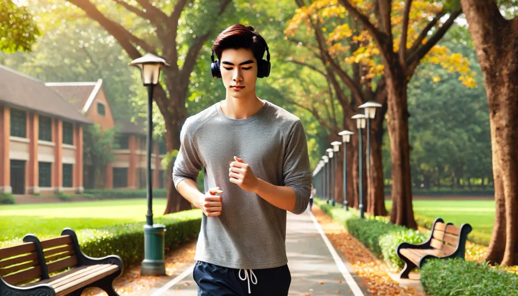 A college student jogging on a scenic campus pathway during autumn, listening to music with headphones. The surroundings include trees with colorful leaves, providing a serene atmosphere.