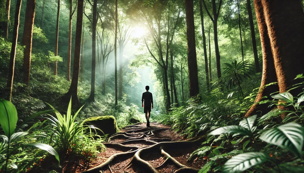 A person walking through a lush green forest, engaging in mindful walking. Sunlight filters through the tall trees, and the fresh air creates a peaceful and grounding effect, representing natural anxiety relief.