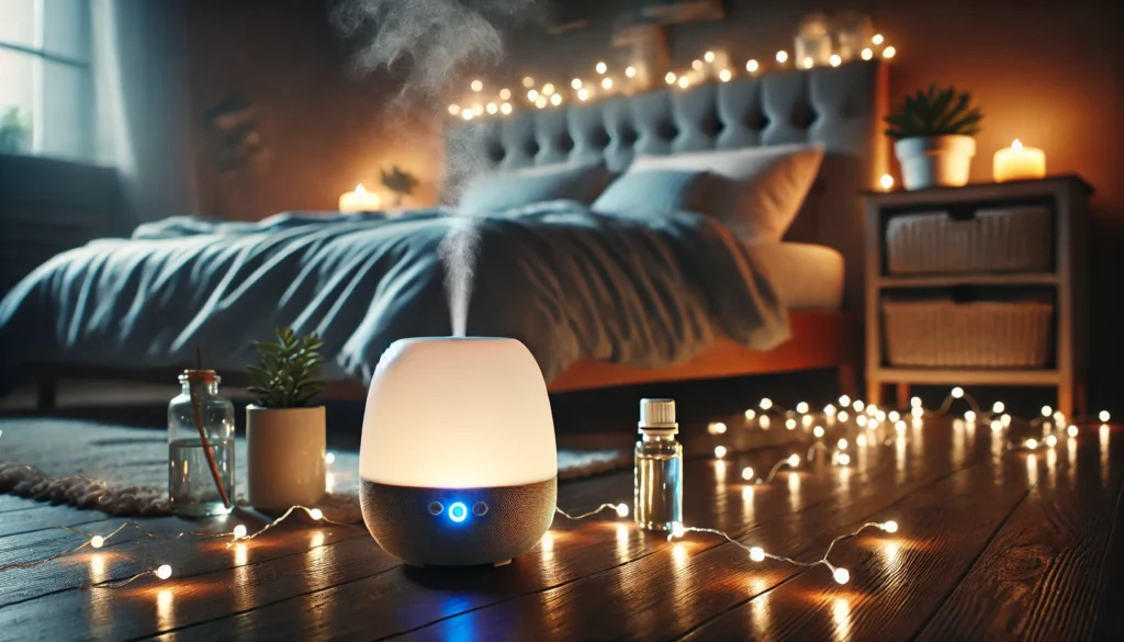 A tranquil bedroom with soft fairy lights, a cozy bed, and an essential oil diffuser emitting a gentle mist. The peaceful and inviting ambiance symbolizes relaxation techniques for reducing anxiety.