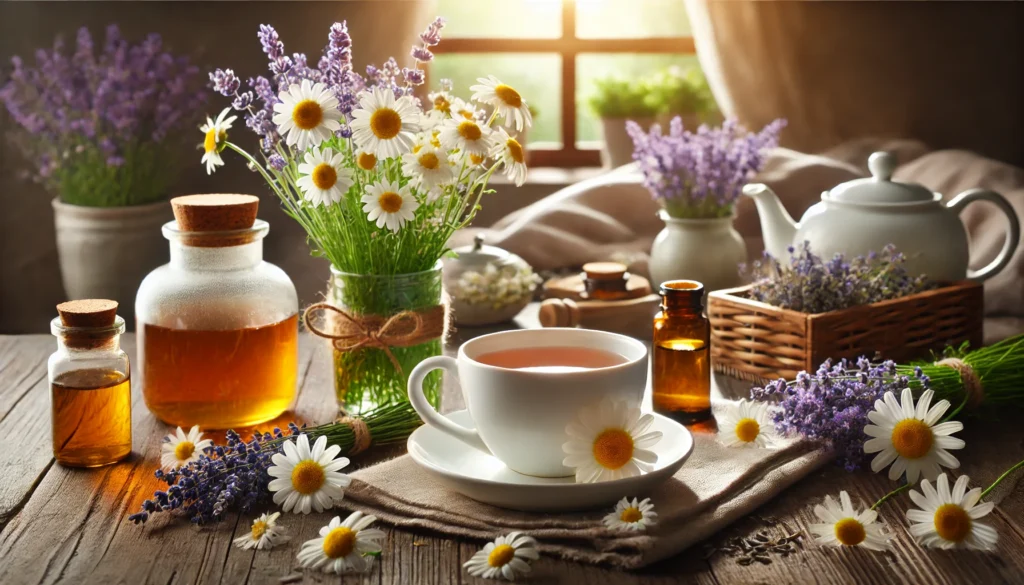 A cozy indoor setting featuring a cup of herbal tea on a wooden table, surrounded by fresh chamomile flowers and lavender. Soft natural lighting enhances the calming ambiance, representing herbal remedies for reducing nervousness.