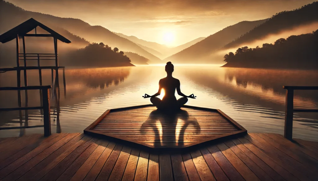 A person practicing yoga on a wooden deck overlooking a calm lake during sunrise, surrounded by misty mountains. The tranquil setting emphasizes yoga as a natural and effective method to alleviate nervousness.