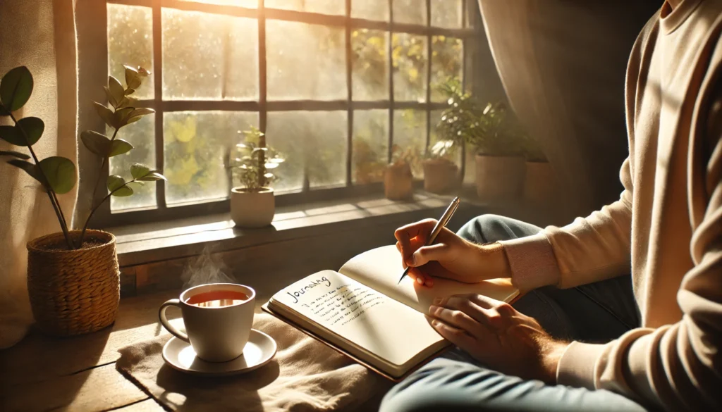 A person journaling in a peaceful setting, writing in a notebook with a cup of tea beside them. The warm natural light and a scenic nature view through the window highlight journaling as a therapeutic practice for managing nervousness.