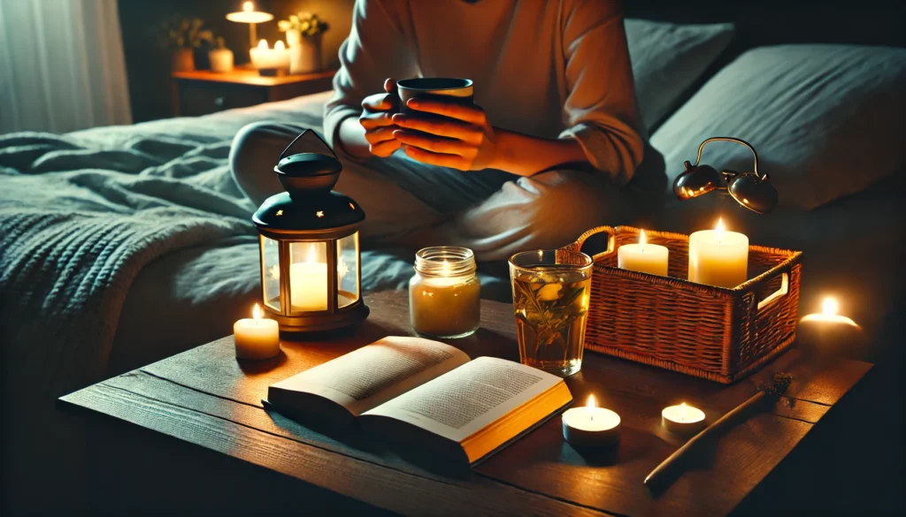 A calming scene of a person drinking herbal tea, sitting by a dimly lit bedside table with candles and a book, creating a soothing ambiance for better sleep.