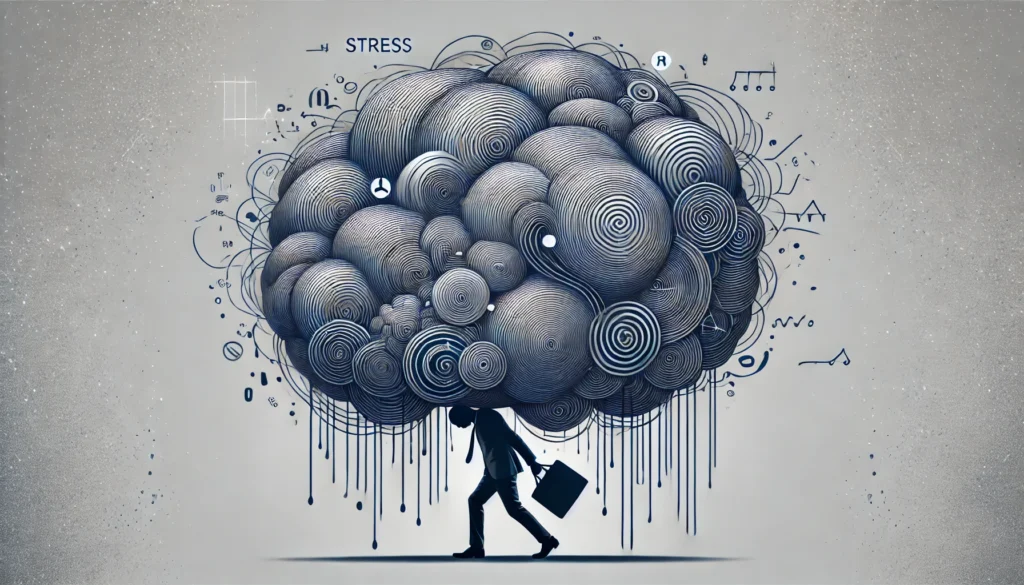 A visual metaphor of stress as a heavy burden, showing a person walking with a massive, transparent weight on their shoulders. Inside the weight are swirling patterns representing worries and responsibilities, emphasizing the psychological impact of stress.