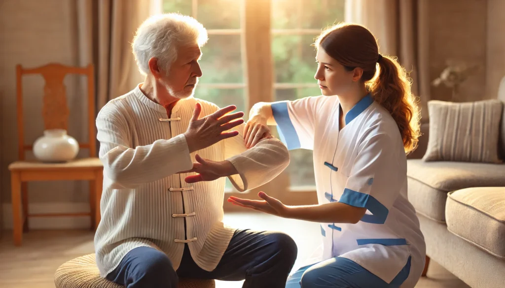 Elderly individual participating in a seated tai chi session indoors, guided by a caregiver, enhancing balance and mindfulness