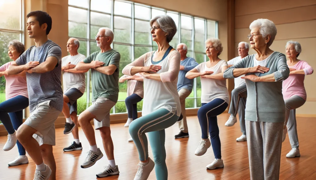  Senior group exercise class designed for dementia patients, featuring light aerobic movements in a supportive community setting.