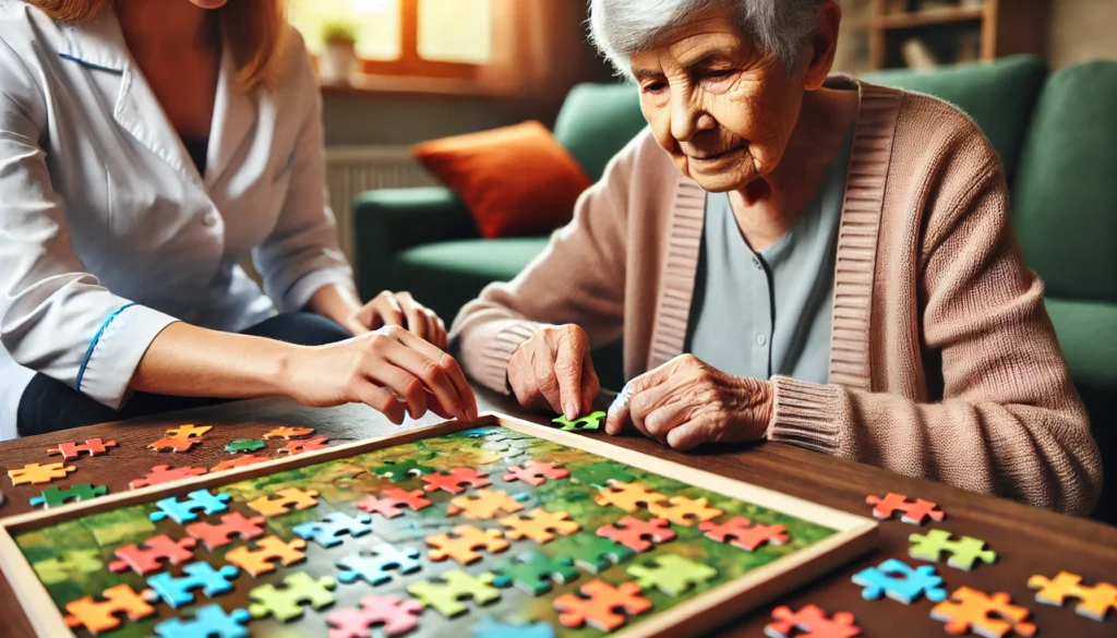 Elderly person with dementia engaging in a jigsaw puzzle activity with a caregiver, fostering cognitive stimulation and engagement