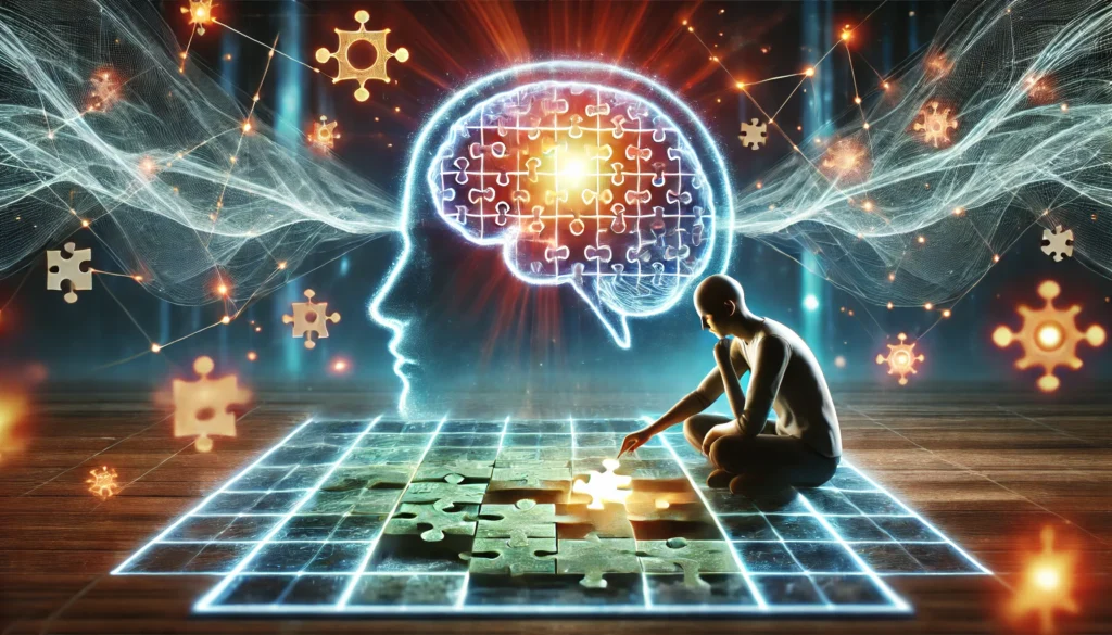 A conceptual scene of a person solving a glowing digital puzzle, with brainwave-like energy surrounding them. The futuristic environment represents the connection between brain training games and memory enhancement.