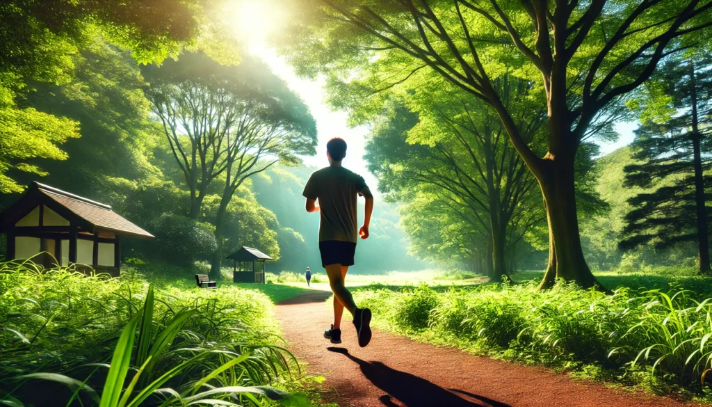 A person jogging through a lush green park, enjoying the fresh air and nature. The bright sunlight and vibrant surroundings highlight physical exercise as an effective method for stress reduction.