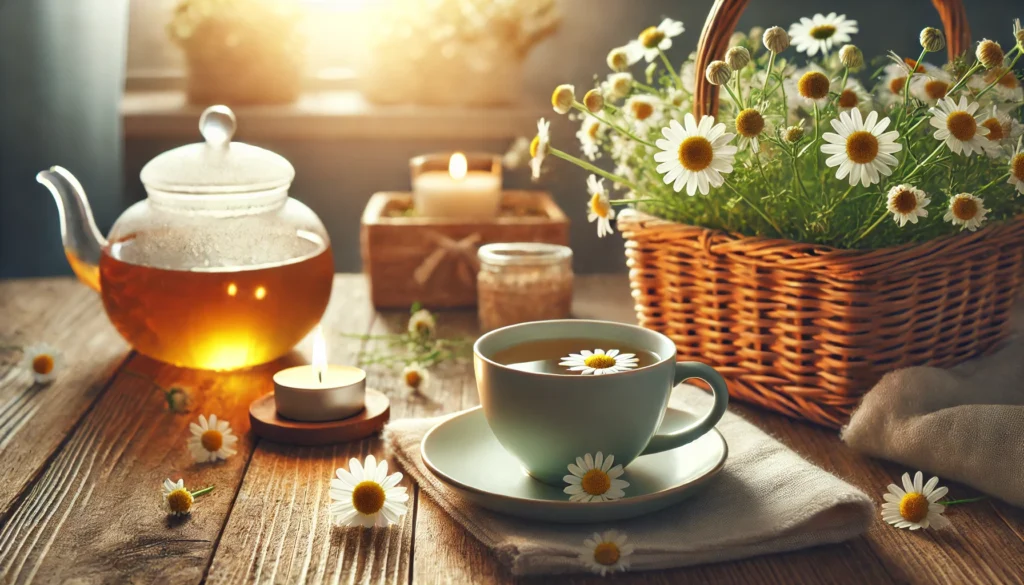 A cozy indoor setting with a cup of herbal tea on a wooden table, surrounded by fresh chamomile flowers and a lit candle. The warm lighting and natural elements symbolize relaxation and stress relief through herbal remedies.