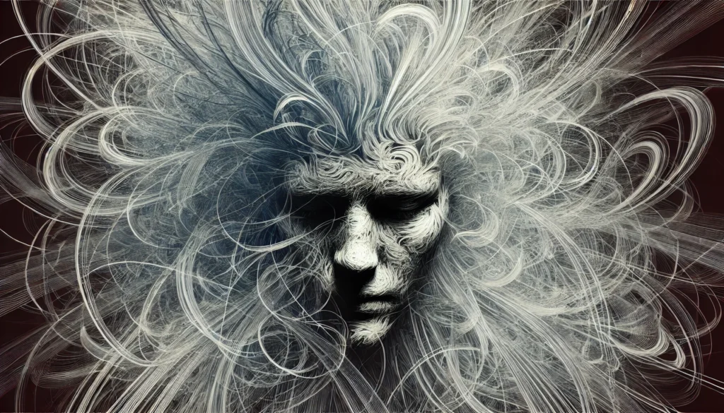 An abstract conceptual image of a person surrounded by swirling chaotic lines, representing overwhelming thoughts and anxiety. Their face is partially hidden, symbolizing emotional distress and mental overload.