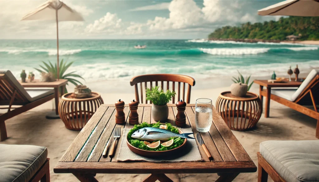 A relaxing coastal scene with a wooden table set for a fish meal, ocean waves in the background enhancing the calming effect. Is fish good for stress? This serene setting highlights its mental health benefits.