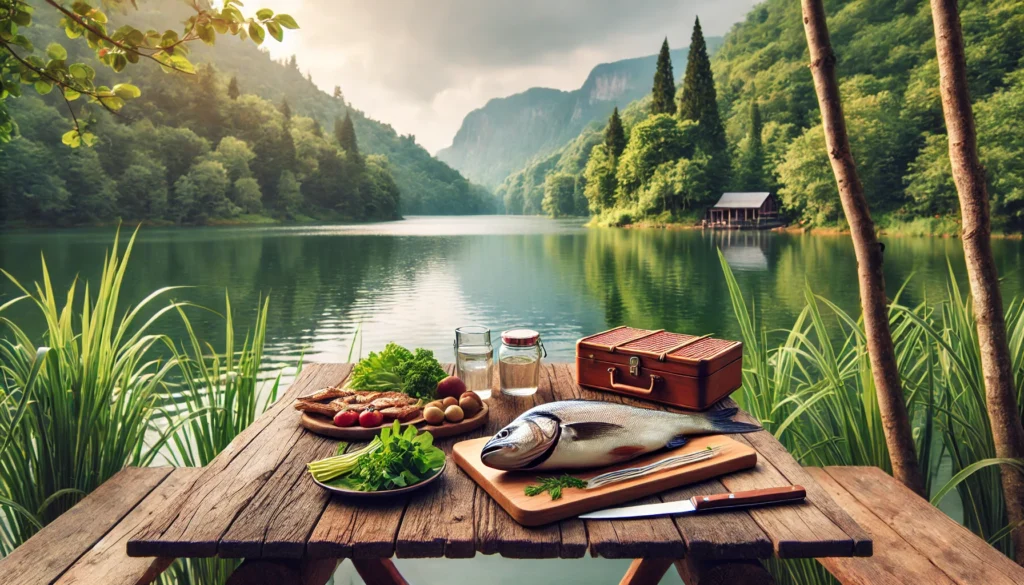 A peaceful lakeside picnic featuring a fresh fish meal on a rustic wooden table, surrounded by calm water and lush greenery. Is fish good for stress? This tranquil setting highlights its relaxation benefits.