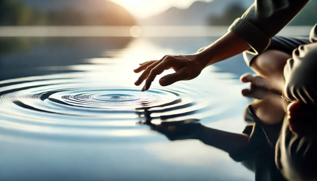 A serene scene of a person gently touching the surface of a calm lake with their fingertips, creating soft ripples and experiencing the texture of water.