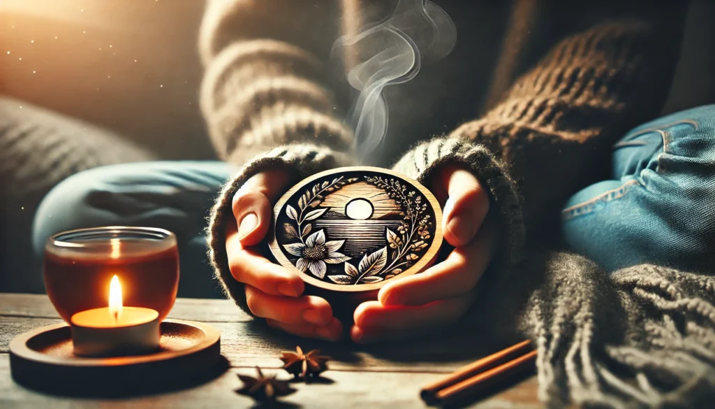 A cozy moment where a person holds a warm cup of tea with both hands, taking a mindful sip while enjoying the aroma and flavors.