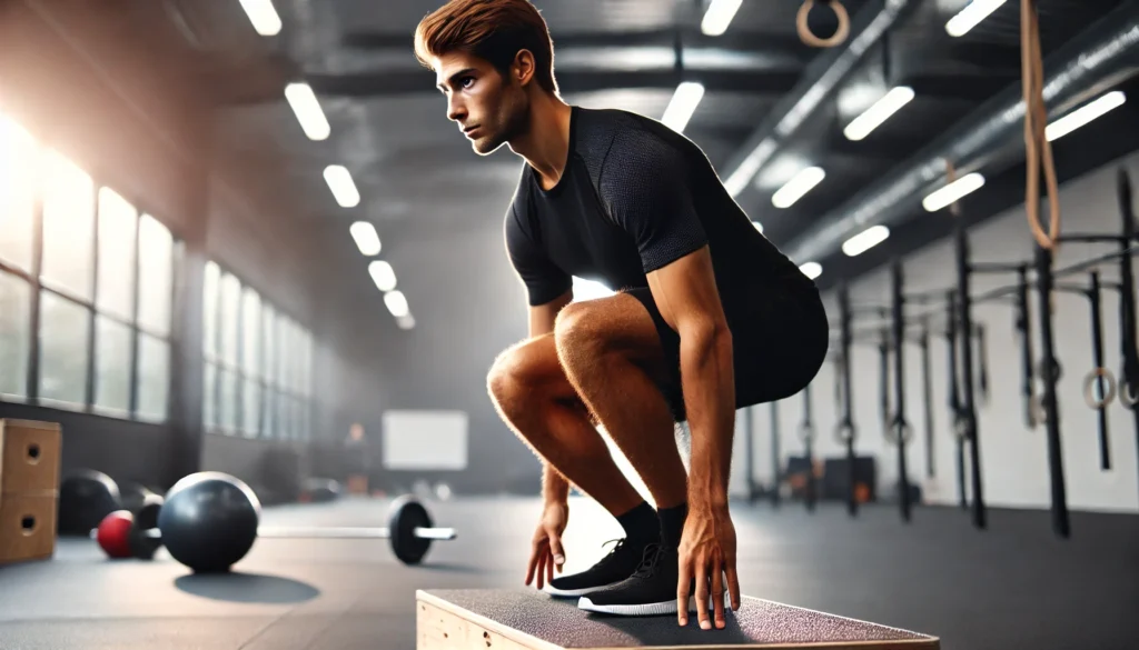 A professional athlete intensely focusing on balance training, standing on one leg atop a balance board in a gym, highlighting stability and concentration.