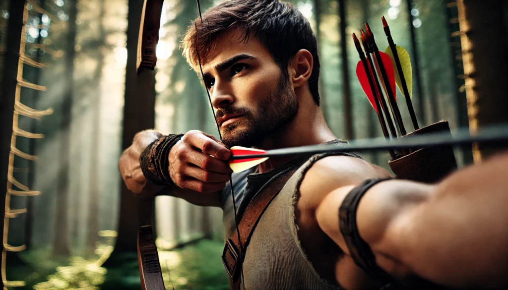 An archer in a forest, pulling back the bowstring with intense focus, eyes locked on a distant target, with sunlight filtering through the trees for a dramatic effect.