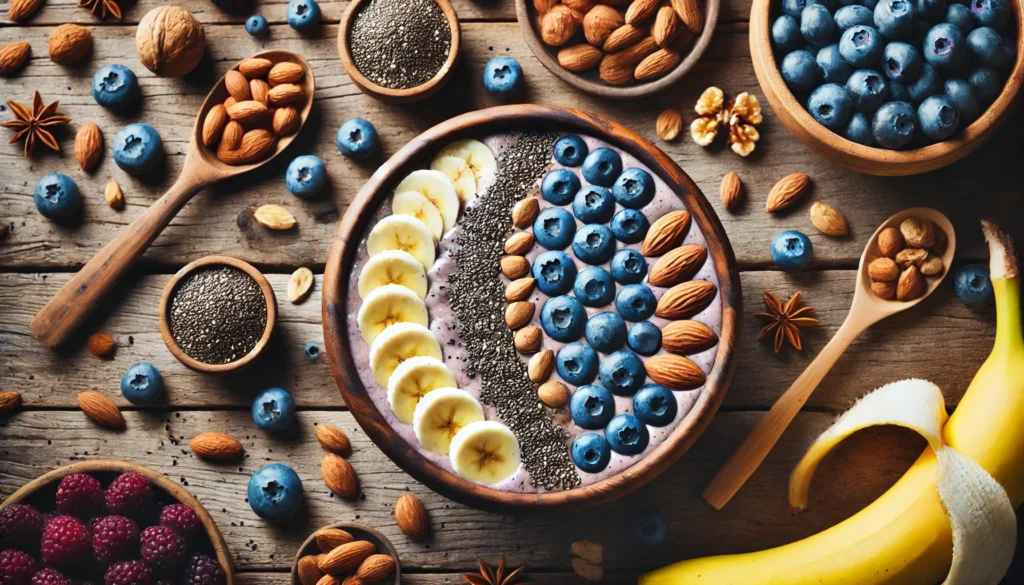 A smoothie bowl arranged with brain-boosting ingredients like blueberries, banana slices, chia seeds, and almond slices. The bowl sits on a rustic wooden table surrounded by scattered nuts and berries, symbolizing nourishment and mental clarity.