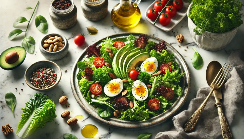 A colorful salad featuring leafy greens, cherry tomatoes, boiled eggs, and avocado slices, topped with olive oil. The marble countertop and scattered nuts and herbs in an elegant kitchen setting exude freshness and energy.