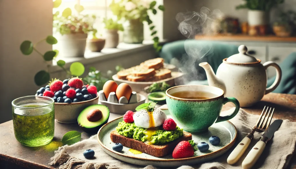 A cozy breakfast scene with a steaming cup of green tea, whole-grain toast topped with smashed avocado and a poached egg, and a side of fresh berries. The background shows a light-filled window and hints of greenery, promoting brain health and productivity.