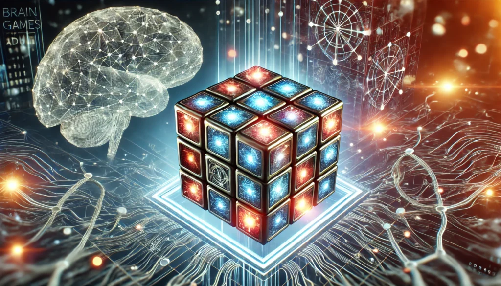  A futuristic Rubik's cube glowing with patterns, representing problem-solving and cognitive flexibility.