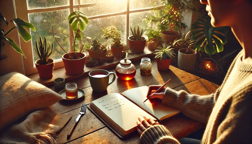 A person journaling in a cozy, sunlit space with a cup of herbal tea beside them. The notebook is open on a wooden desk, with soft lighting, plants, and a peaceful view through the window. The scene embodies mindfulness and stress relief through reflection.