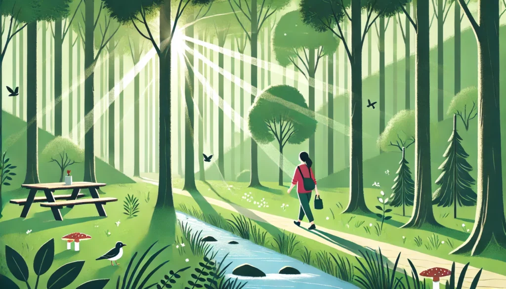 A person walking mindfully through a lush green forest, taking deep breaths and enjoying nature. Sunlight filters through the tall trees, birds are singing, and a small stream flows gently nearby, creating a tranquil and stress-reducing atmosphere.