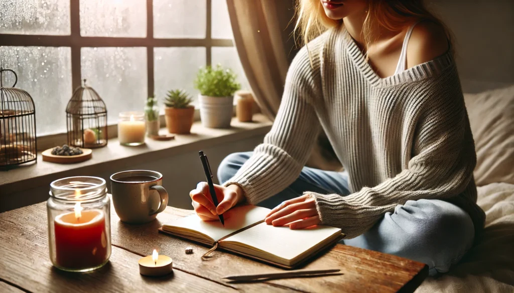 A person journaling in a notebook with a peaceful expression, sitting by a window with natural light streaming in. A candle and a cup of tea on the table add to the calming atmosphere, representing a mindfulness practice for anxiety relief.