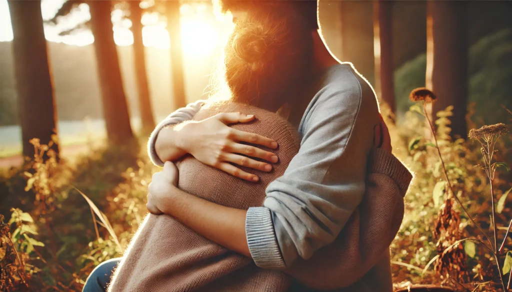 A supportive and warm hug between two people in a peaceful outdoor setting with soft sunlight filtering through trees. The embrace conveys comfort, emotional support, and reassurance for coping with anxiety.