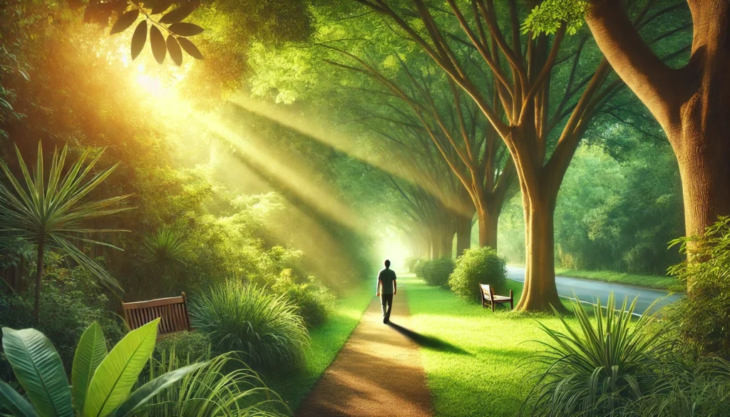 A serene nature walk scene with a person strolling along a tree-lined path, surrounded by lush greenery. Sunlight filters through the leaves, symbolizing the calming and grounding effects of connecting with nature to manage anxiety.