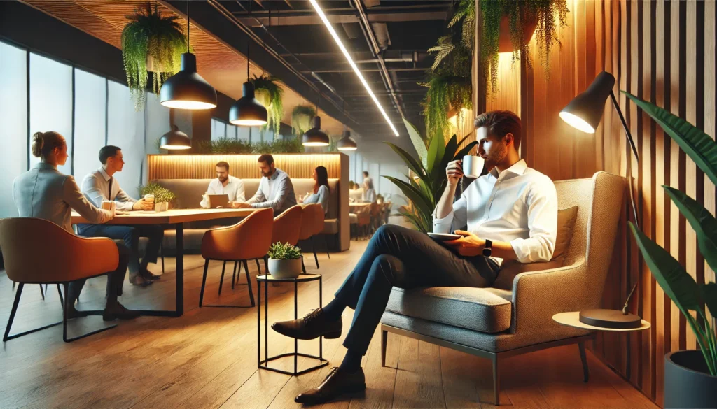 A corporate breakroom where a person is sitting comfortably with a cup of tea, taking a mindful break. A cozy lounge area with plants, soft lighting, and a warm atmosphere encourages relaxation and stress relief.