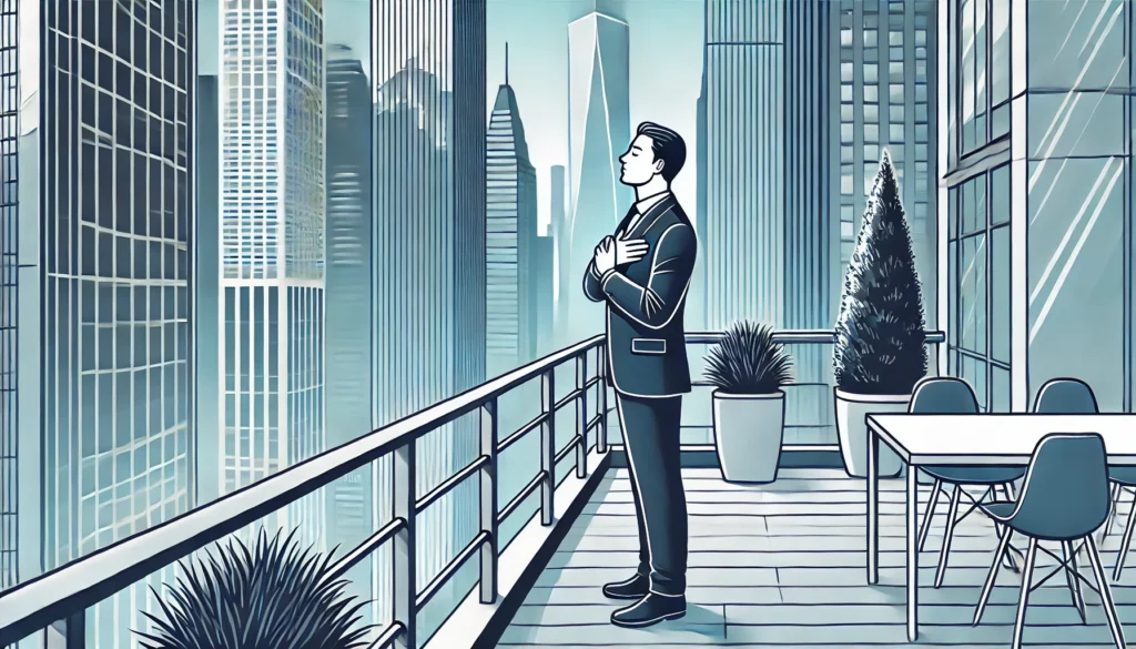 An outdoor office terrace with a person practicing deep breathing exercises. They stand near the railing, eyes closed, hands on their chest, inhaling deeply. The city skyline is visible in the background, representing mindfulness at work.