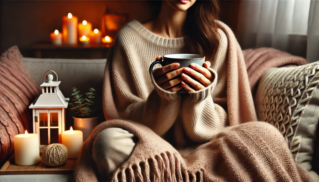 A person sitting on a cozy couch, holding a warm cup of tea with both hands, wrapped in a soft blanket. Their expression is calm and relaxed, with candles and a softly lit room creating a peaceful, comforting environment, symbolizing self-soothing techniques for calming nerves.