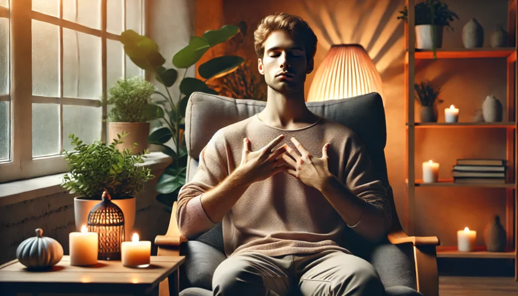 A person practicing progressive muscle relaxation, sitting in a comfortable chair with eyes closed, slowly tensing and relaxing their hands and shoulders. Soft lighting and a peaceful indoor setting with plants and candles create a calm and stress-relieving atmosphere.