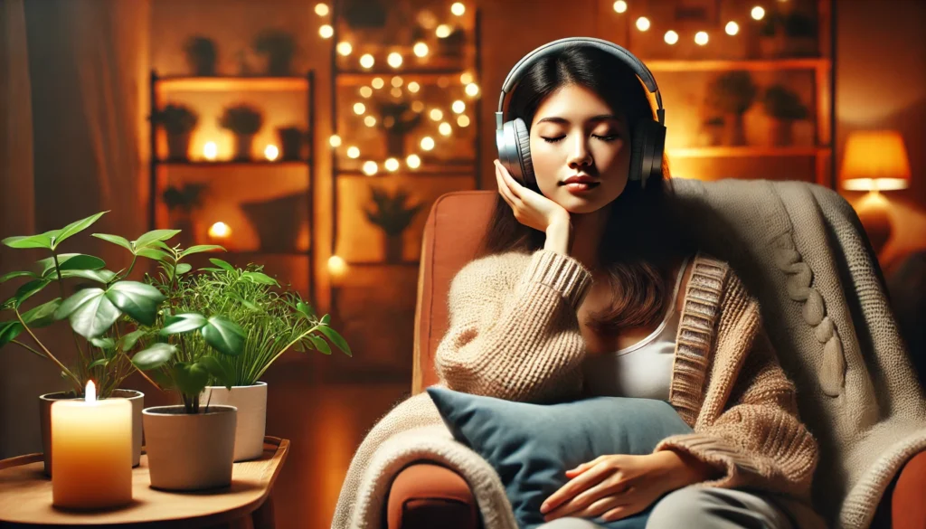 A person listening to calming music with headphones while sitting in a cozy chair, eyes closed, and a peaceful expression on their face. A soft blanket, warm lighting, and a tranquil indoor setting with plants create a soothing atmosphere, symbolizing relaxation techniques for reducing nervousness.