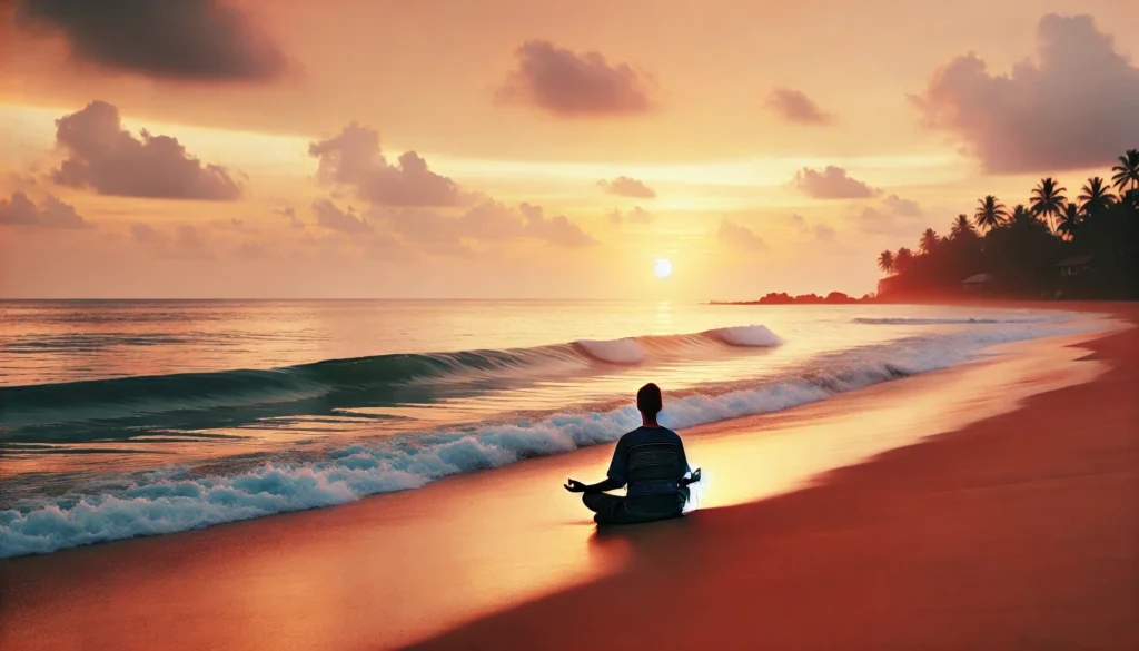 A peaceful beach scene at sunset, featuring a person sitting on the sand in a meditative pose. Gentle waves roll onto the shore, and the sky displays warm orange and pink hues, enhancing the tranquil and unwinding ambiance.