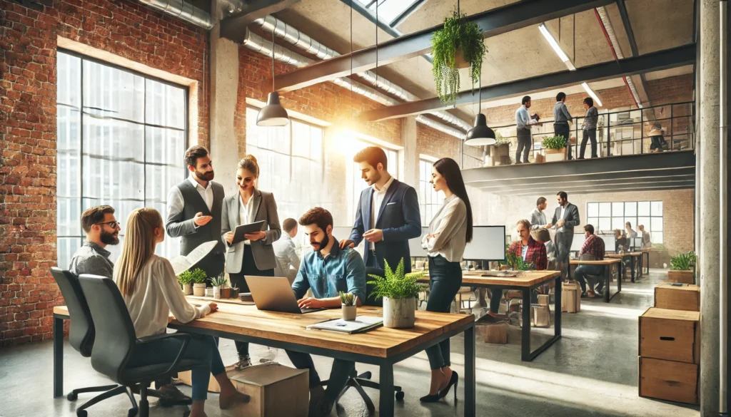 A modern office with employees engaging in teamwork, surrounded by natural light and contemporary decor, representing a stress-free and productive work environment.