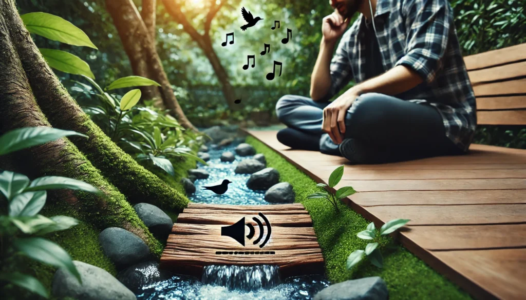 A person sitting on a wooden bench in a peaceful garden, attentively listening to the sounds of nature. They focus on rustling leaves, chirping birds, and flowing water, demonstrating sound awareness as a mindfulness technique for sharpening attention.