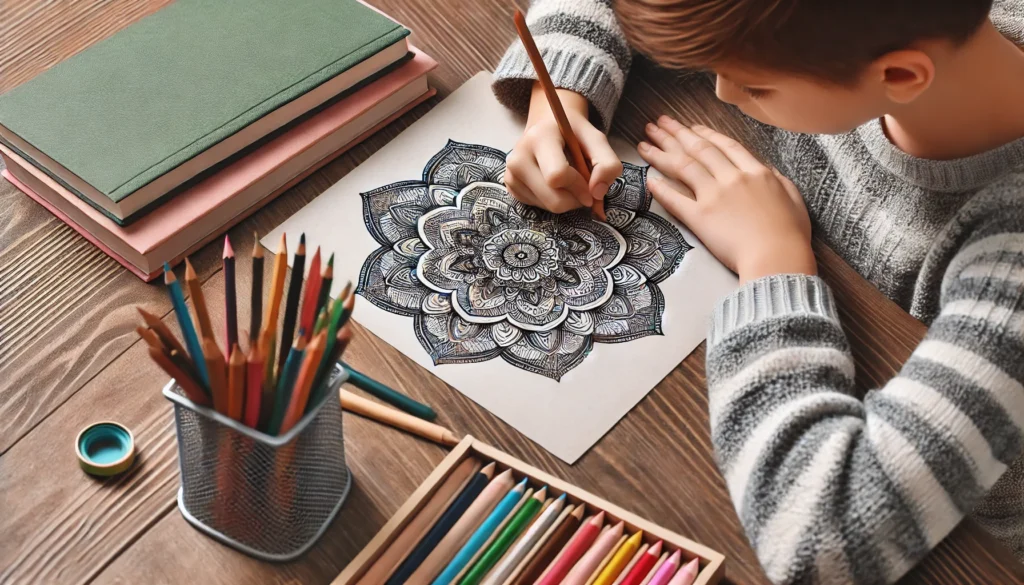 A young student sitting at a wooden desk, carefully filling in a detailed mandala pattern with colored pencils. Fully absorbed in the task, they practice mindful coloring to enhance focus and concentration.