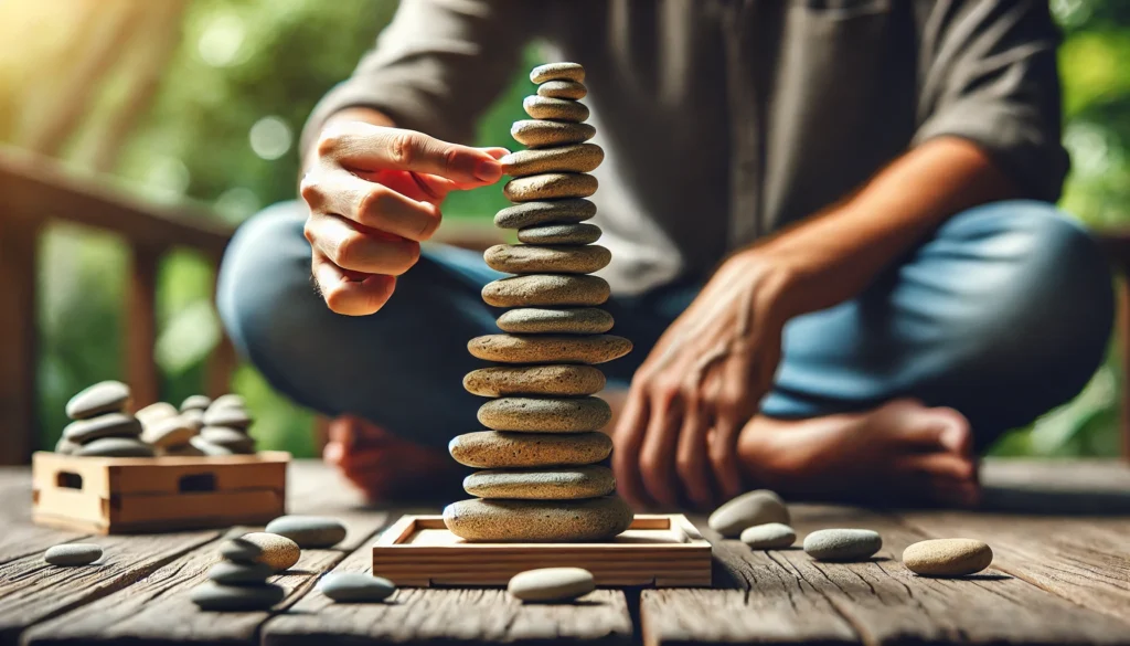 A person sitting in a peaceful outdoor setting, stacking small stones into a balanced tower. They carefully place each stone with full attention, symbolizing the mindfulness practice of focusing on the present moment to improve concentration and attention span.