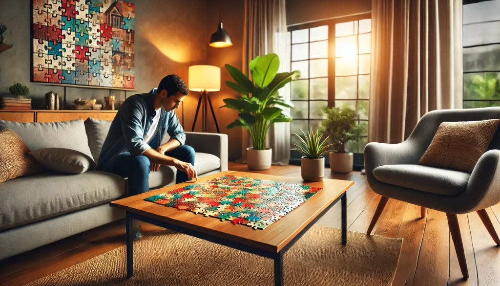 A cozy living room scene featuring a person focused on solving a colorful jigsaw puzzle on a wooden table. The background includes soft furniture, a green plant, and warm ambient lighting, creating a calm environment that promotes mental exercises to enhance memory retention.