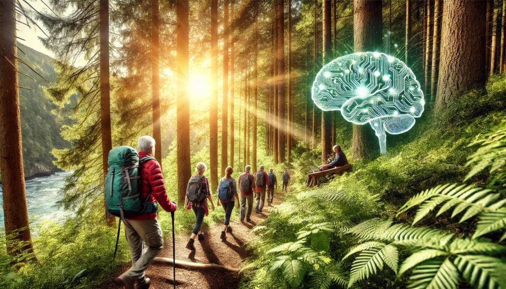 A scenic forest trail with a group of people hiking amidst tall trees and lush greenery. Each person carries a backpack, and dappled sunlight filters through the foliage, emphasizing physical activity as a method to boost memory and cognitive function.