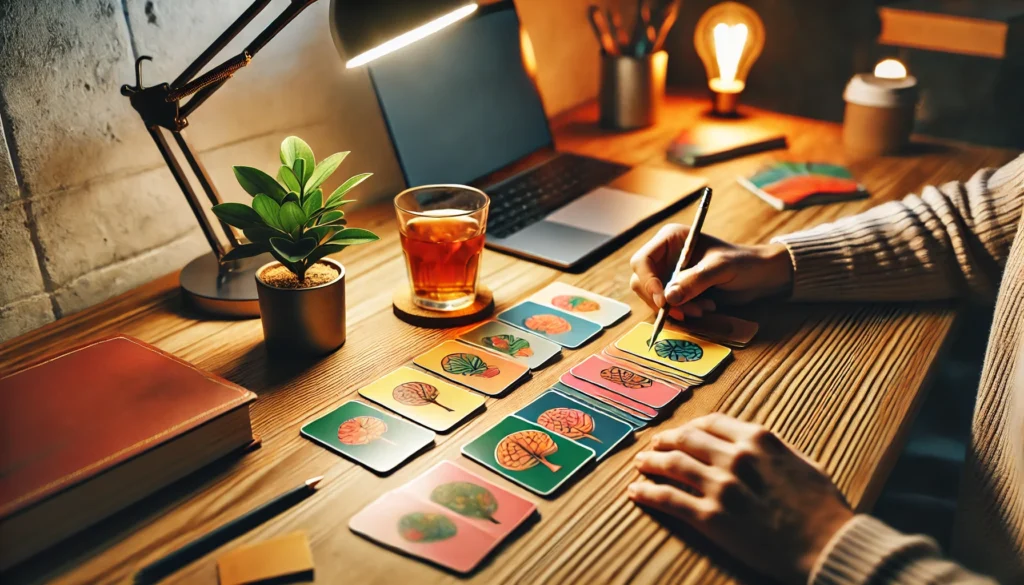 An indoor workspace featuring a person practicing memory exercises by matching colorful flashcards on a sleek wooden desk. The scene includes a cup of tea, a small plant, and warm lighting, creating a relaxed and focused environment suitable for cognitive training.