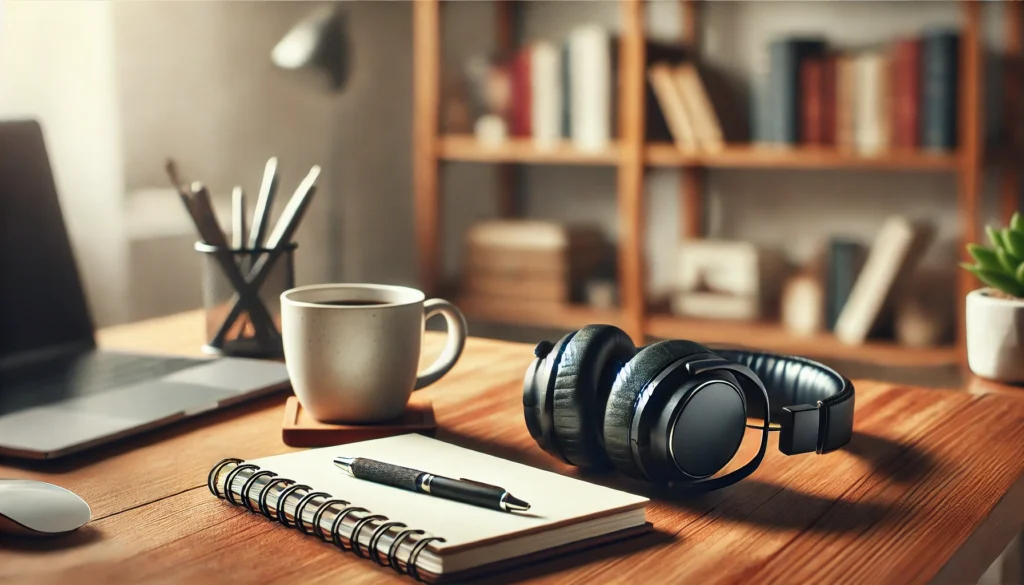 A serene home office setup with a wooden desk, noise-canceling headphones, a notebook, and a coffee cup, showcasing a focused and organized space.