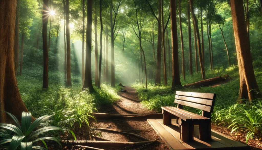 A calming forest trail with a wooden bench surrounded by tall green trees and sunlight filtering through, representing a natural escape from distractions.